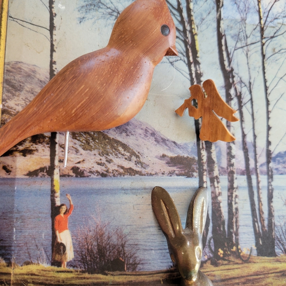 Bird ~ Bunny Angel ~ Handcrafted Wood Angel Pin & Carved Bird ~ Brass Bunny